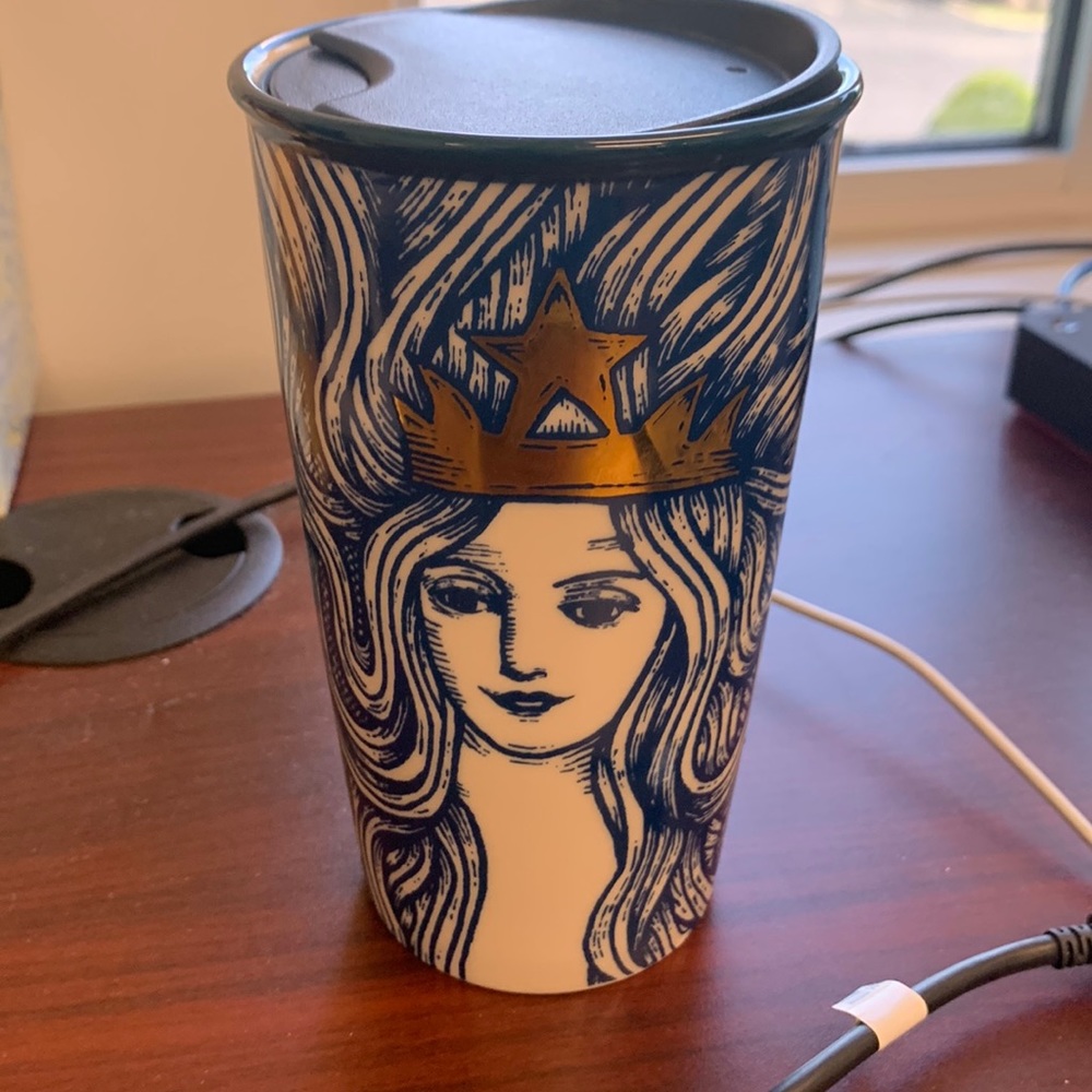 Starbucks 2016 Anniversary Gold Crown Siren Mermaid 12oz Blue Ceramic Tumbler